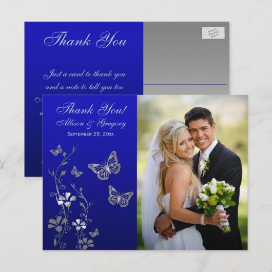 Royal Blue, Silver Floral Dank u Foto Briefkaart (Voorkant / Achterkant)