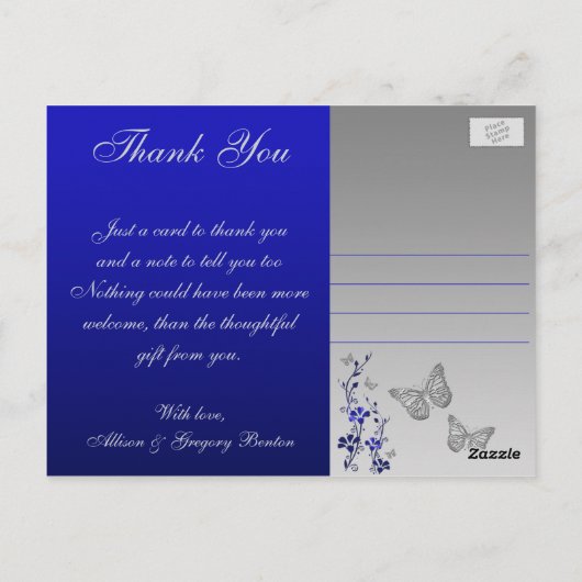 Royal Blue, Silver Floral Dank u Foto Briefkaart (Achterkant)