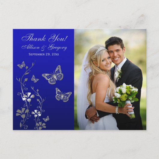 Royal Blue, Silver Floral Dank u Foto Briefkaart (Voorkant)