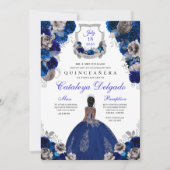 Royal Blue & Silver Floral Elegant Quinceañera Kaart (Voorkant)
