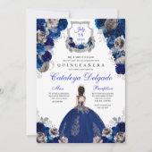Royal Blue & Silver Floral Elegant Quinceañera Kaart (Voorkant)