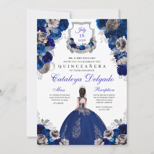 Royal Blue & Silver Floral Elegant Quinceañera Kaart (Voorkant)