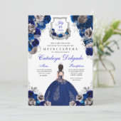 Royal Blue & Silver Floral Elegant Quinceañera Kaart (Staand voorkant)