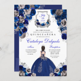 Royal Blue & Silver Floral Elegant Quinceañera Kaart