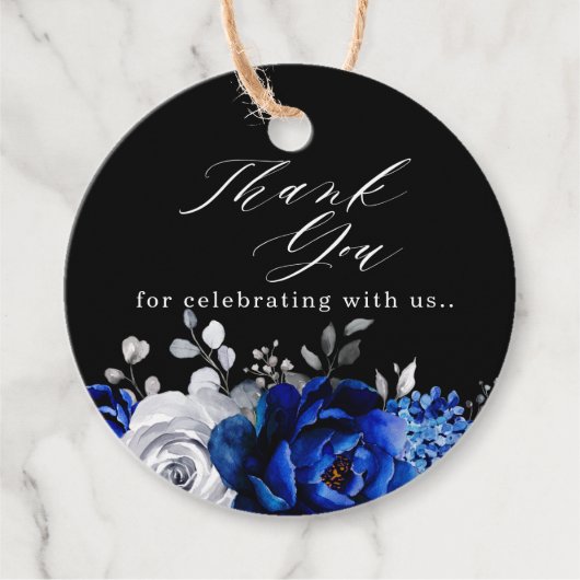 Royal Blue Silver Floral Hartelijk dank voor de ta Bedankjes Labels (Voorkant)