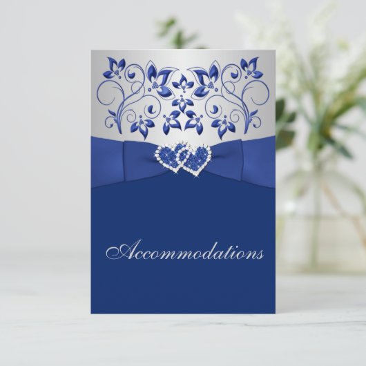 Royal Blue, Silver Floral, Hearts Enclosure Card Informatiekaartje (Staand voorkant)
