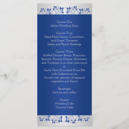 Royal Blue, Silver Floral Joined Hearts Menu Kaart (Achterkant)