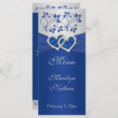 Royal Blue, Silver Floral Joined Hearts Menu Kaart (Voorkant / Achterkant)
