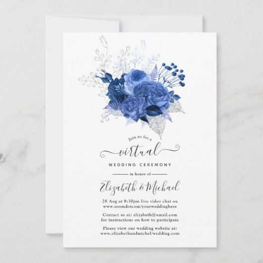 Royal Blue & Silver Floral Online Virtual Wedding Kaart (Voorkant)