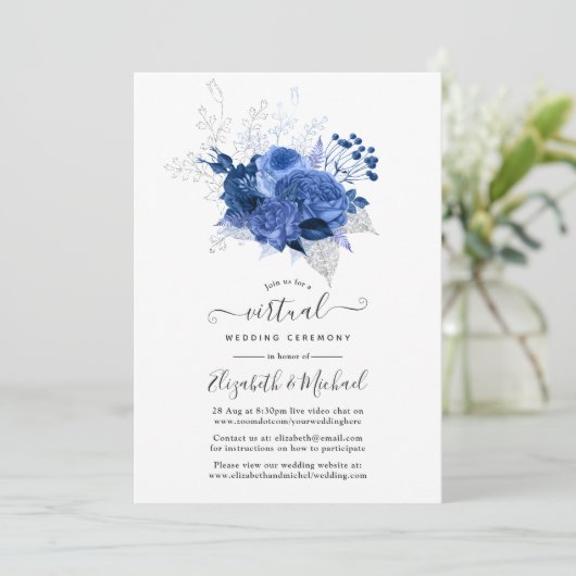 Royal Blue & Silver Floral Online Virtual Wedding Kaart (Staand voorkant)