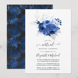 Royal Blue & Silver Floral Online Virtual Wedding Kaart