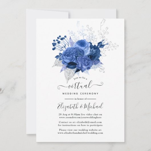 Royal Blue & Silver Floral Online Virtual Wedding Kaart (Voorkant)