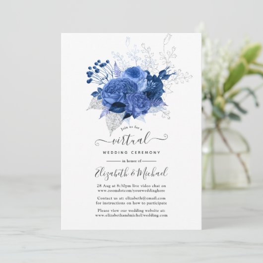 Royal Blue & Silver Floral Online Virtual Wedding Kaart (Staand voorkant)