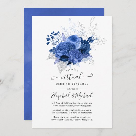 Royal Blue & Silver Floral Online Virtual Wedding Kaart (Voorkant / Achterkant)