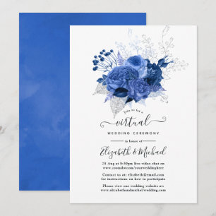 Royal Blue & Silver Floral Online Virtual Wedding Kaart