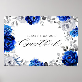 Royal Blue Silver Floral Poster