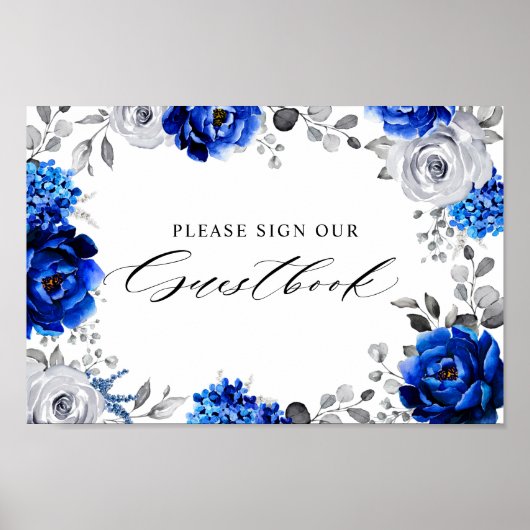 Royal Blue Silver Floral Poster (Voorkant)