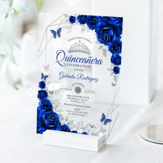 Royal Blue Silver Floral Quinceanera Acryl Uitnodigingen