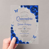 Royal Blue Silver Floral Quinceanera Acryl Uitnodigingen (Insitu (Draagbaar))