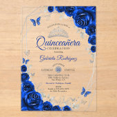 Royal Blue Silver Floral Quinceanera Acryl Uitnodigingen (Voorkant)