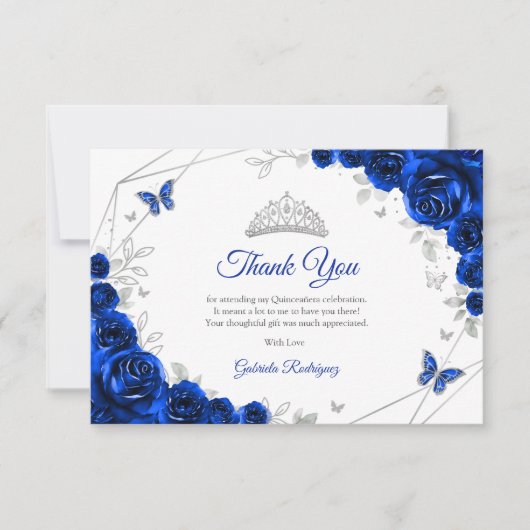 Royal Blue Silver Floral Quinceanera Bedankkaart (Voorkant)