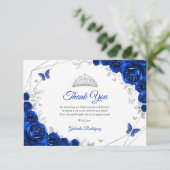 Royal Blue Silver Floral Quinceanera Bedankkaart (Staand voorkant)