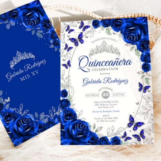 Royal Blue Silver Floral Quinceanera Kaart