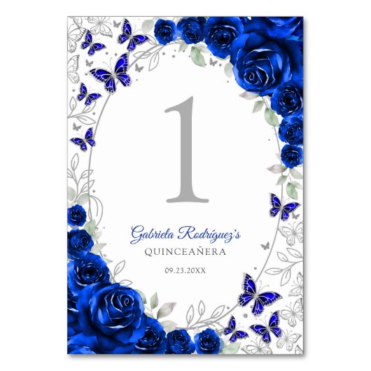 Royal Blue Silver Floral Quinceanera Kaart (Voorkant)