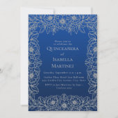 Royal Blue Silver Floral Quinceañera Sweet 15 Kaart (Voorkant)