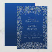Royal Blue Silver Floral Quinceañera Sweet 15 Kaart (Voorkant / Achterkant)