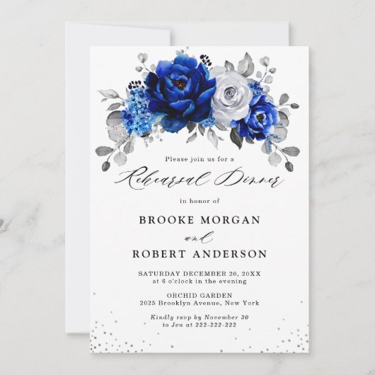 Royal Blue Silver Floral Rehearsal Dinner Kaart (Voorkant)