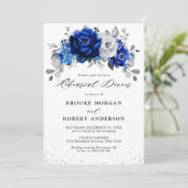 Royal Blue Silver Floral Rehearsal Dinner Kaart (Staand voorkant)