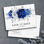 Royal Blue Silver Floral Save the Date Briefkaart<br><div class="desc">De Elegant royal blue Silver-trouwpartij met een royal blue-thema is de datum waarop het briefkaart is voorzien van elegante bouquet van koninklijk blauw, Navy, zilver, puur witte rozen bloesems en sage groene eucalyptusbladeren. Neem contact met mij op voor hulp bij aanpassingen of als u een ander product nodig hebt met...</div>