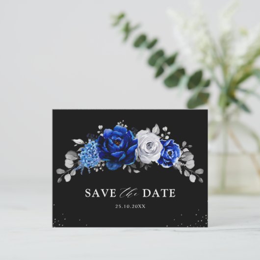 Royal Blue Silver Floral Save the Date Postc Briefkaart (Staand voorkant)