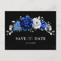 Royal Blue Silver Floral Save the Date Postc