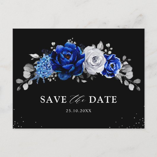Royal Blue Silver Floral Save the Date Postc Briefkaart (Voorkant)