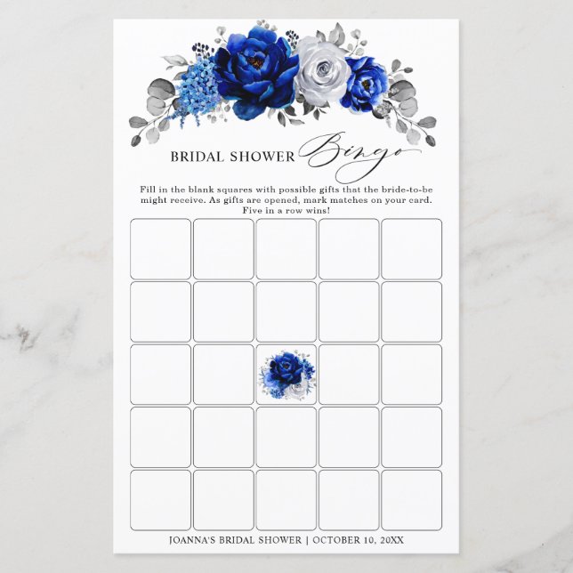 Royal Blue Silver Floral Vrijgezellenfeest Bingo (Voorkant)