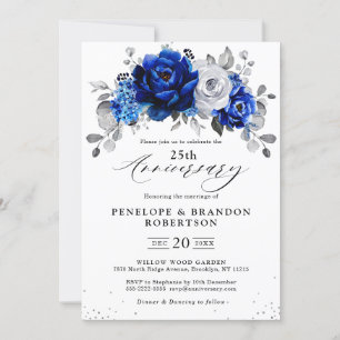 Royal Blue Silver Floral Wedding Jubileum Kaart