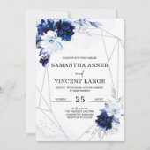 Royal Blue Silver Floral Wedding Kaart (Voorkant)