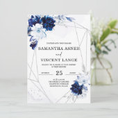 Royal Blue Silver Floral Wedding Kaart (Staand voorkant)