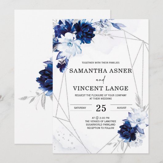 Royal Blue Silver Floral Wedding Kaart (Voorkant / Achterkant)
