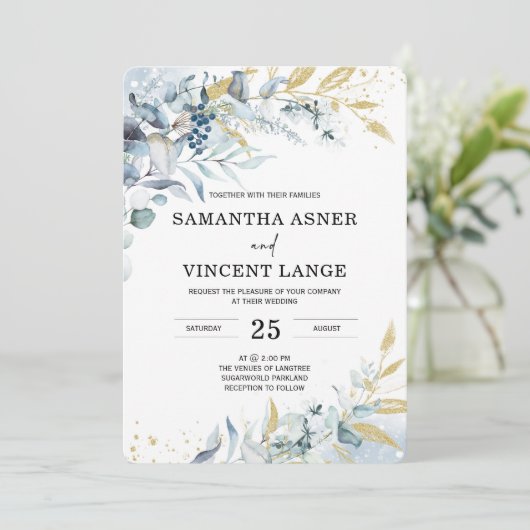 Royal Blue Silver Floral Wedding Uitnodiging (Staand voorkant)