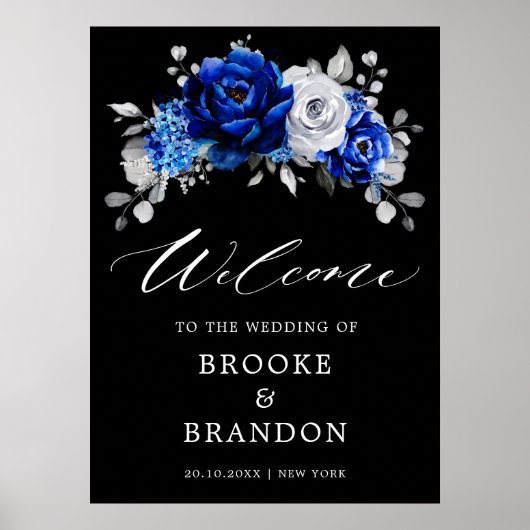 Royal Blue Silver Floral Wedding Welcome Pos Poster (Voorkant)