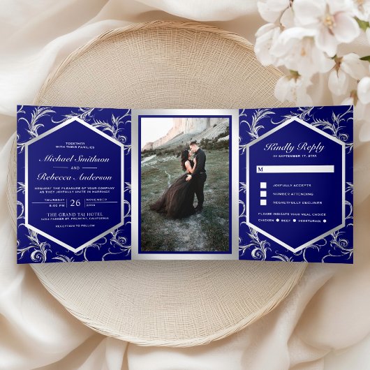 Royal Blue Silver Flourish Swirl Wedding Photo Drieluik Uitnodiging