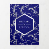 Royal Blue Silver Flourish Swirl Wedding Photo Drieluik Uitnodiging (Cover)