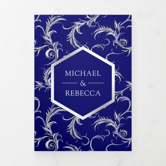 Royal Blue Silver Flourish Swirl Wedding Photo Drieluik Uitnodiging (Cover)