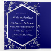Royal Blue Silver Flourish Swirl Wedding Photo Drieluik Uitnodiging (Binnenzijde eerst)