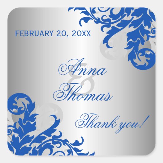 Royal Blue Silver Flourish Wedding Favor Vierkante Sticker (Voorkant)