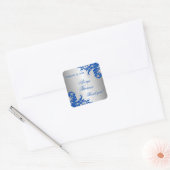 Royal Blue Silver Flourish Wedding Favor Vierkante Sticker (Envelop)