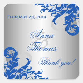 Royal Blue Silver Flourish Wedding Favor Vierkante Sticker